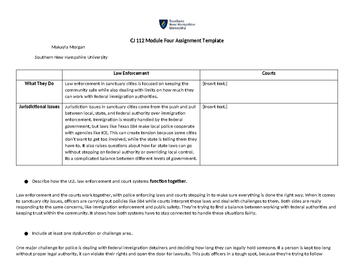 CJ 112 Module Four Assignment: Law Enforcement in Sanctuary Cities ...
