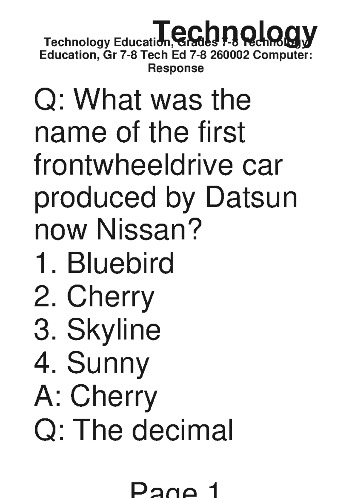 Technology Education, Gr 7-8 (260002) Quiz - Key Questions & Answers ...