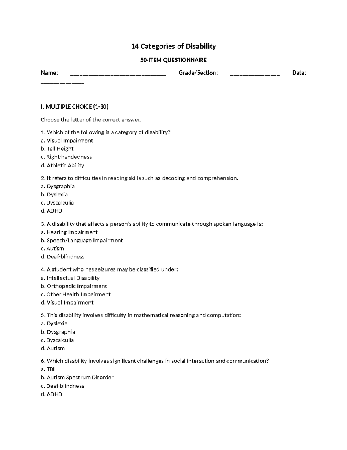 14 Categories of Disability Questionnaire: MCQs and True/False Analysis ...