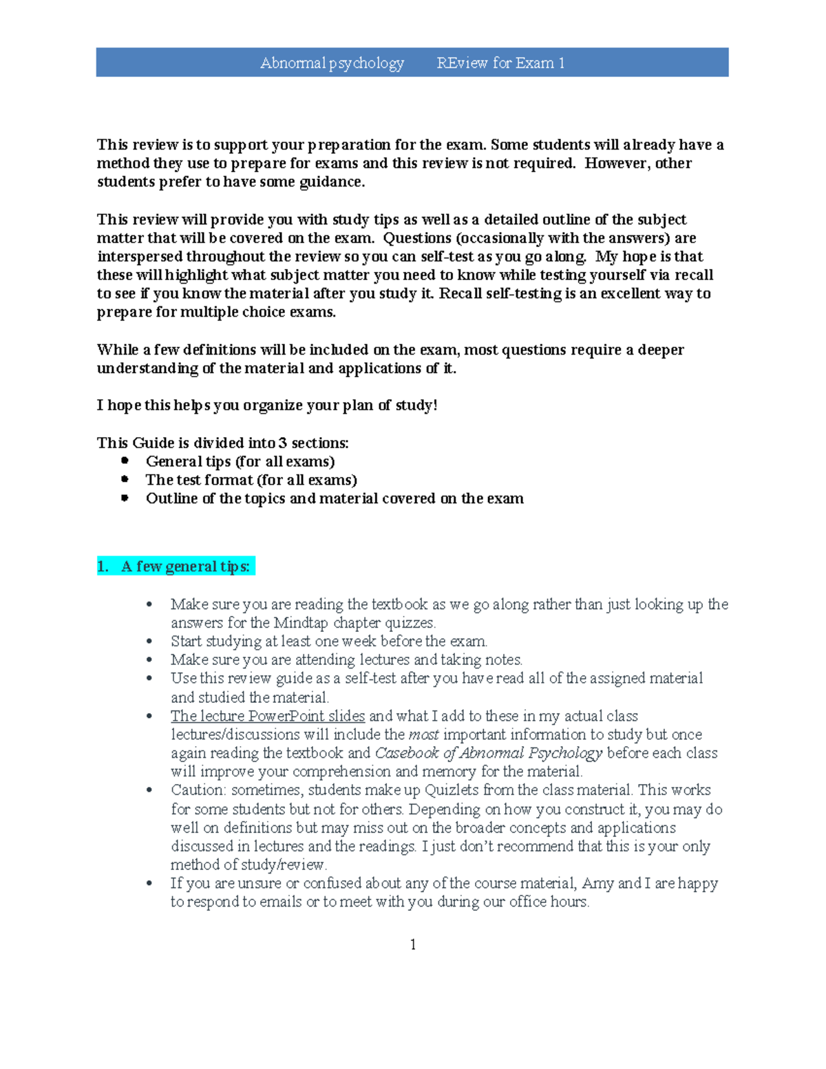 Abnormal Psychology PSY 101 Final Exam Review: Key Concepts & DSM-5-TR ...