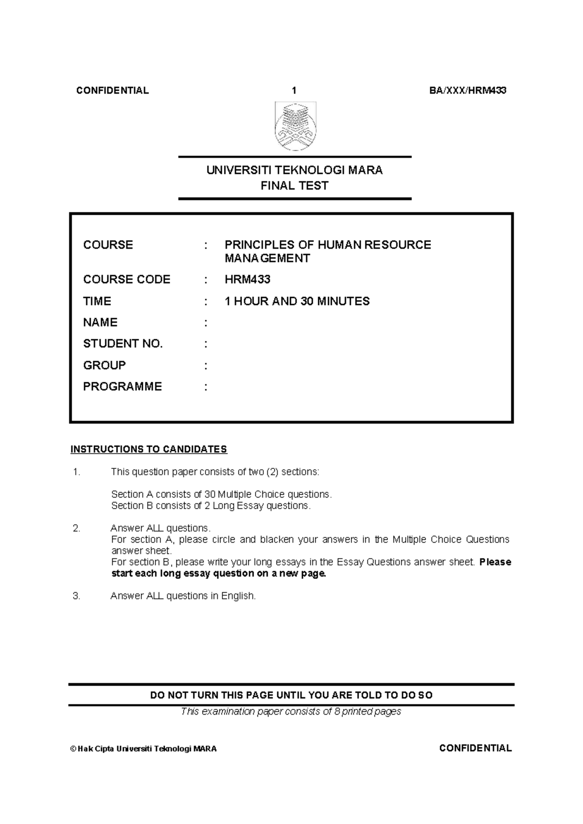 HRM433-Final Test Sample Questions on Human Resource Management - Studocu