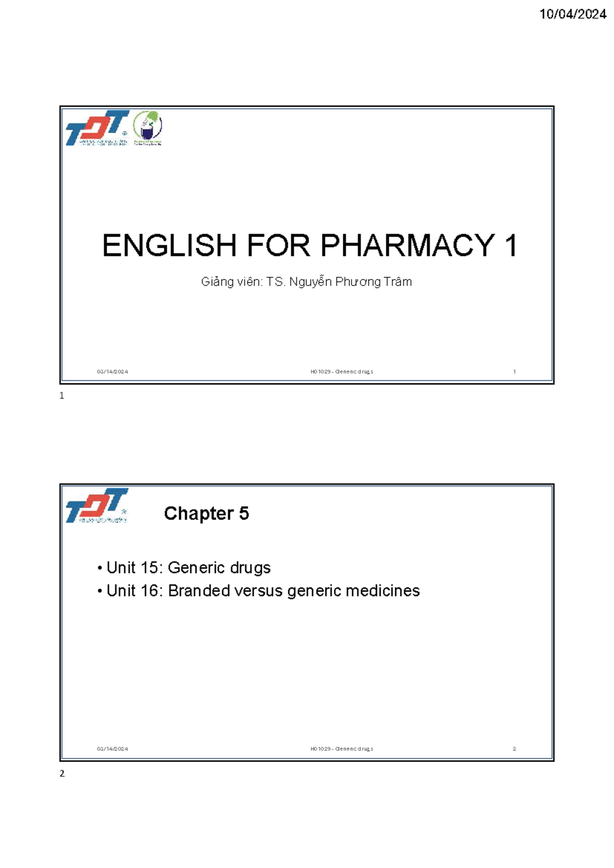 H01029 Chapter 5: Generic Drugs - Student Handout - Studocu
