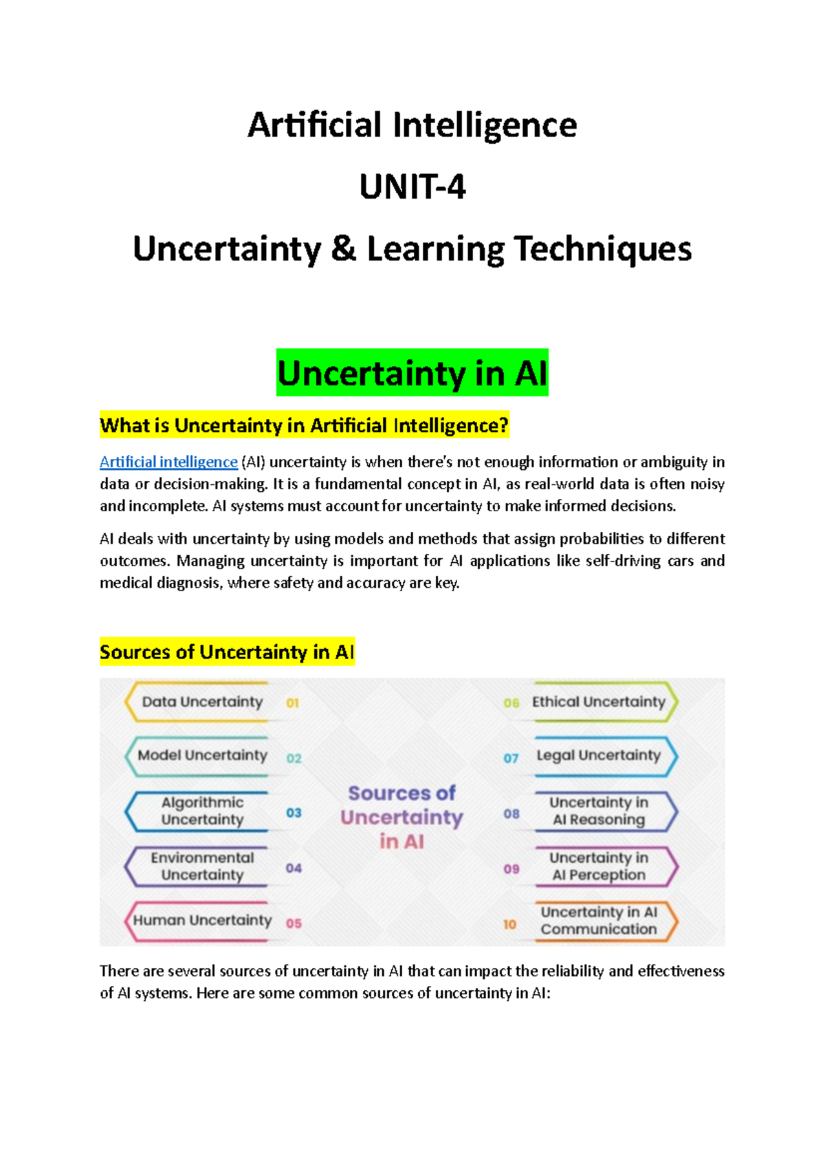 AI UNIT 4 Notes: Understanding Uncertainty in AI Techniques - Studocu