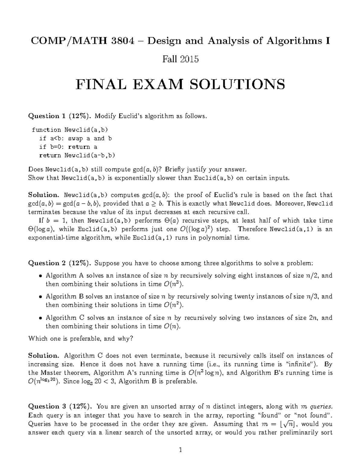 COMP3804-2015-Final - 2015 Final - COMP/MATH 3804 – Design and Analysis ...
