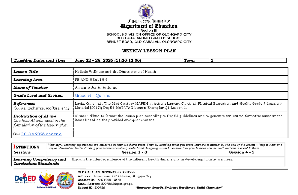 PE-Health 6 Lesson Plan: Holistic Wellness & Health Dimensions - Document Preview