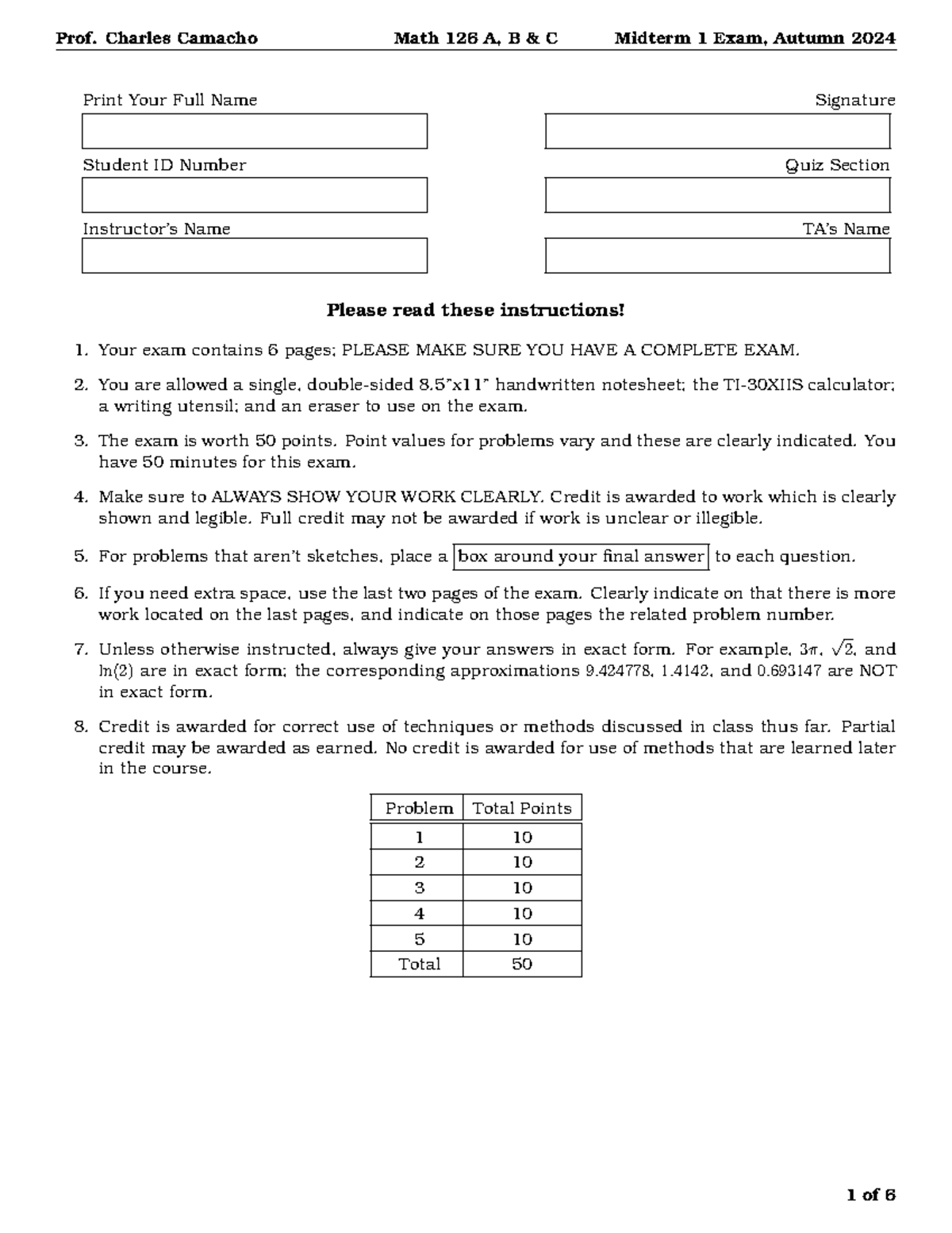 Math 126 A, B, C Midterm 1 Exam Guide - Autumn 2024 - Studocu