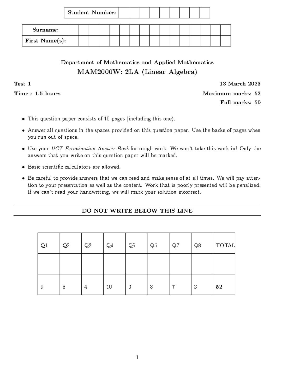 2023 - 2LA (Linear Algebra) Test 1 Past Paper - Studocu
