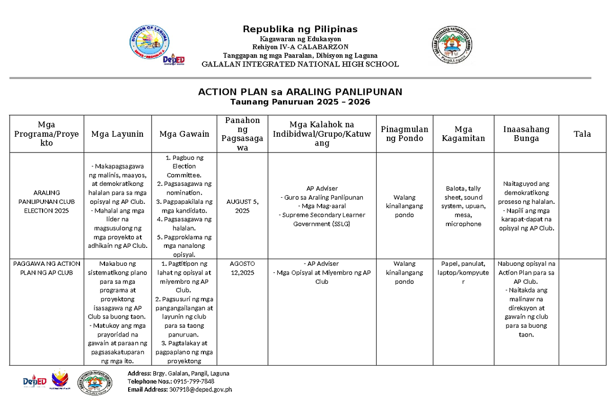 AP Action Plan for Araling Panlipunan Club 2025-2026 - Studocu