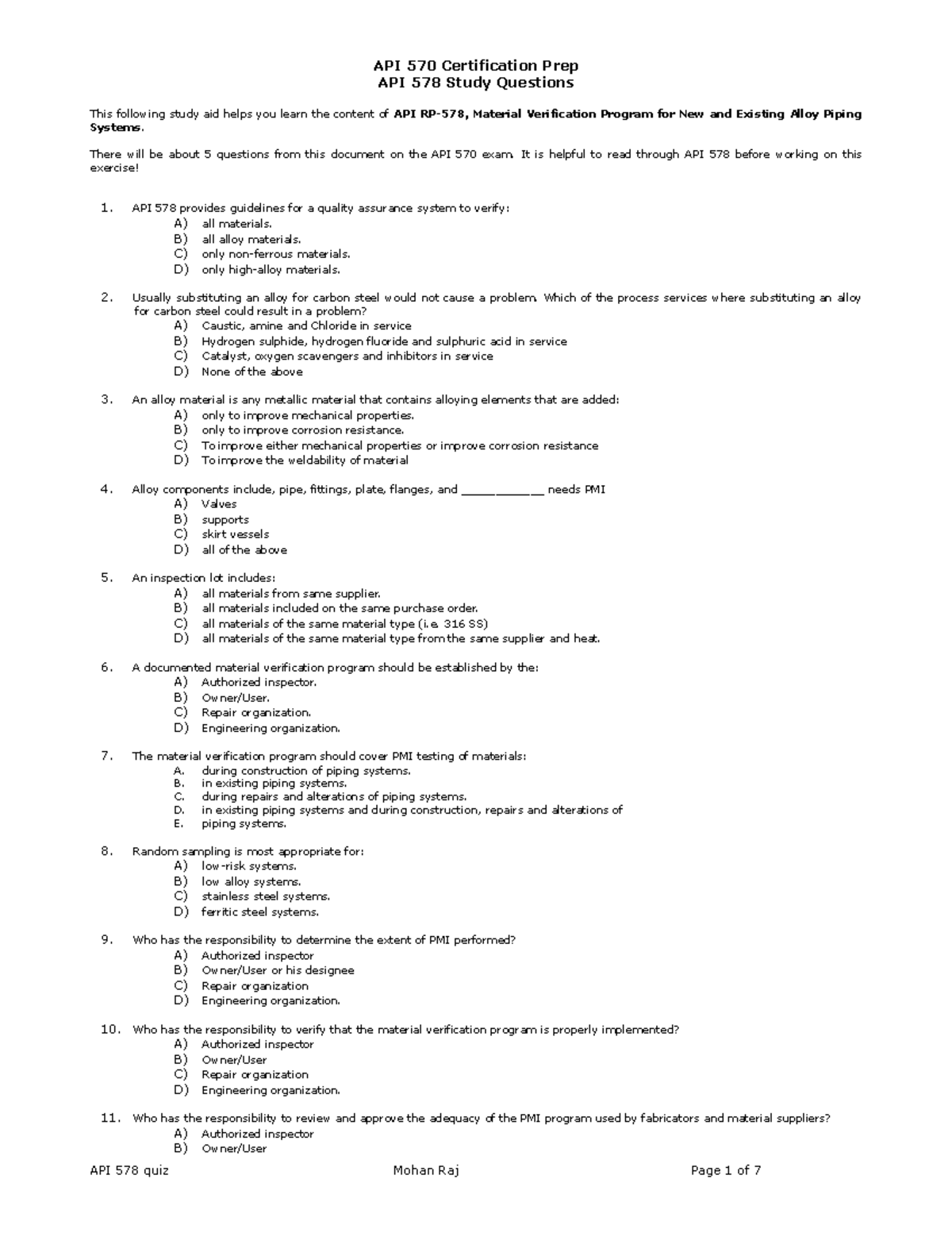 API 570 Final Exam Prep: Key Questions from API 578 - Studocu