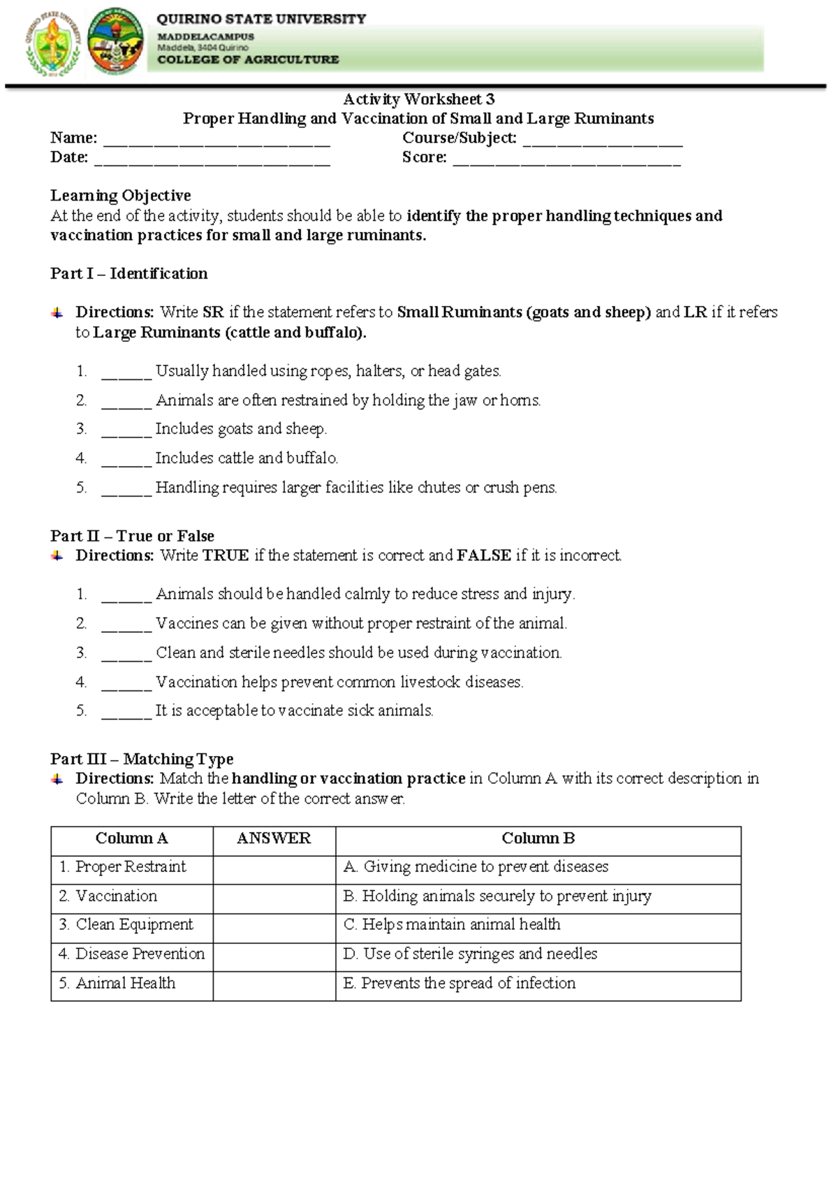 Activity Worksheet 3: Handling & Vaccination of Ruminants - Studocu