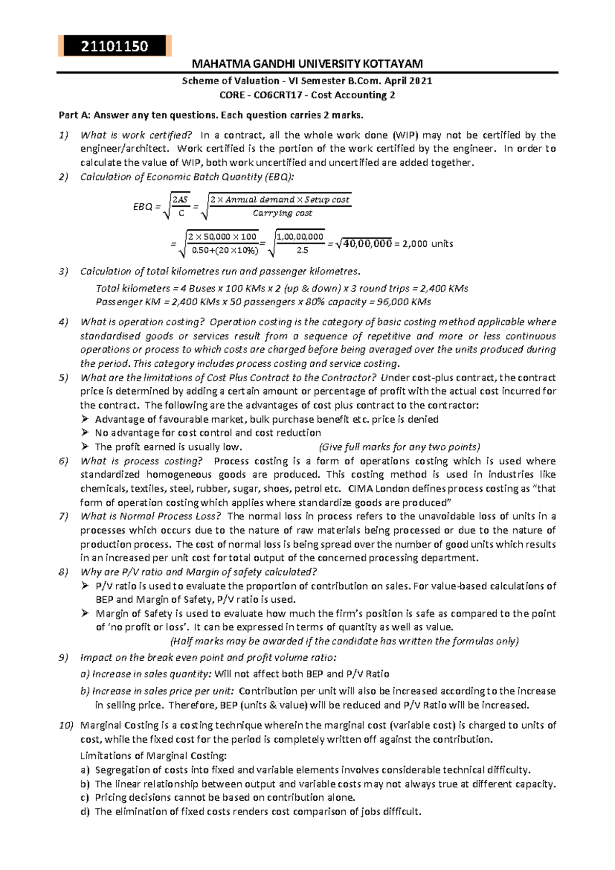 Cost Accounting II CO6CRT17 Evaluation and Analysis - April 2021 - Studocu