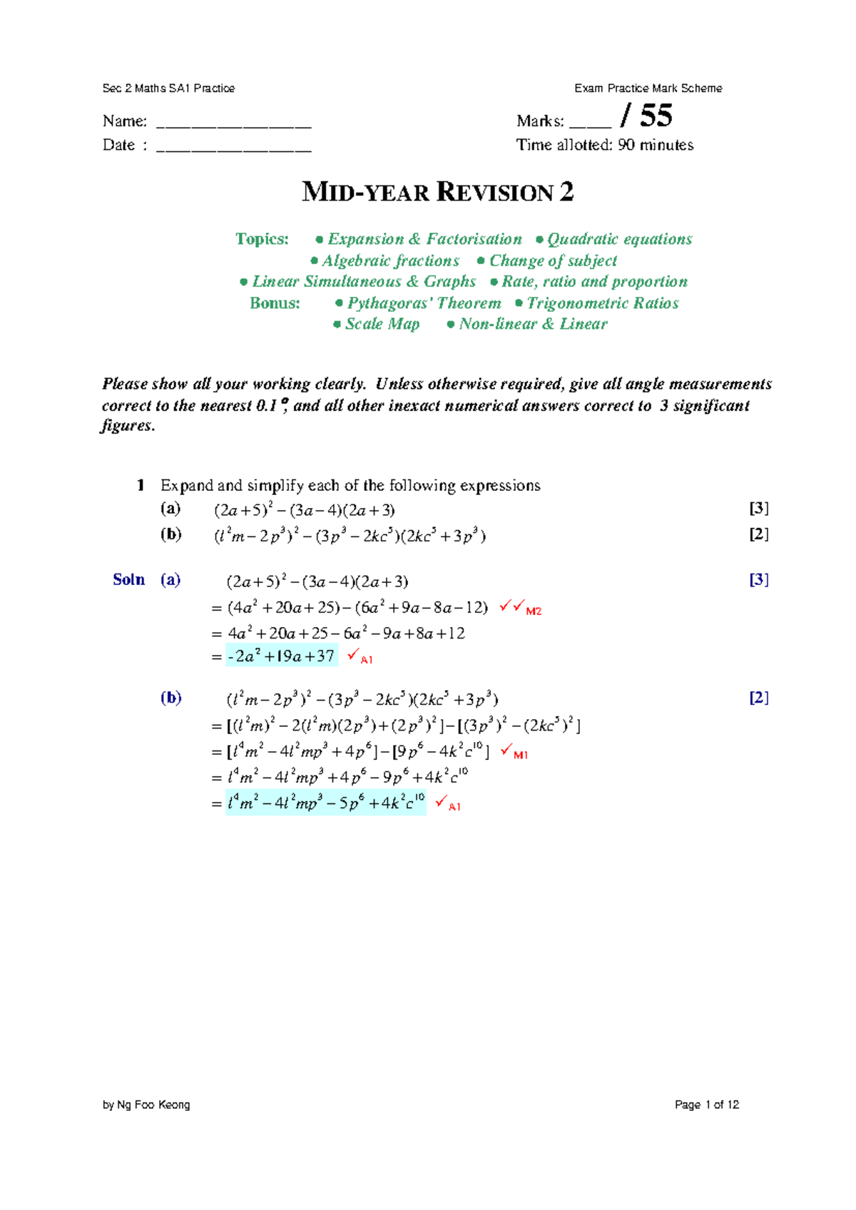 Sec 2 Maths SA1 Practice Exam Mark Scheme 99M2 & 9A1 - Studocu
