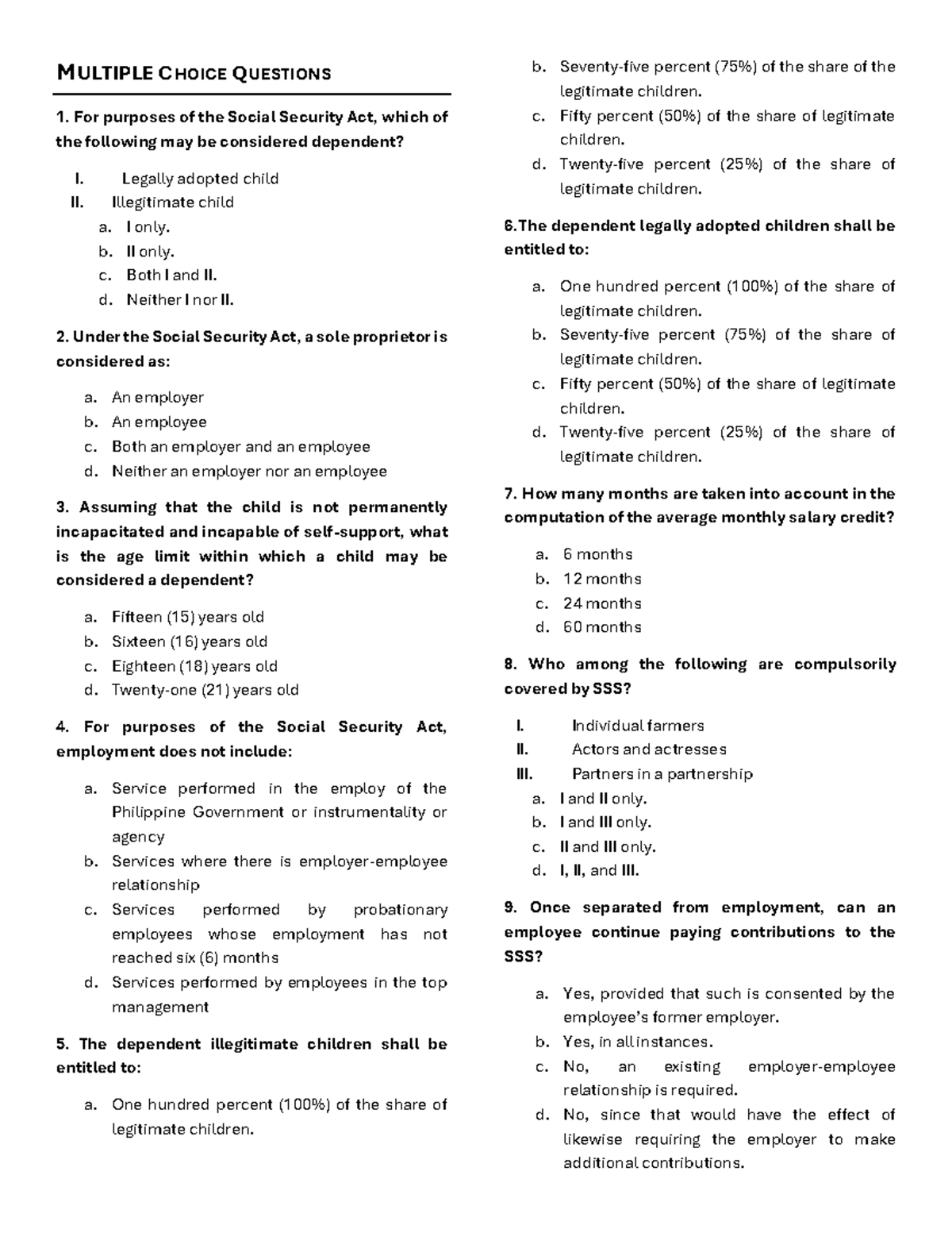 MCQ for SSL: Social Security Act Questions and Answers - Studocu