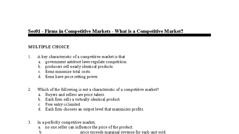 Sec01 Competitive Markets: Key Concepts & MCQs - Studocu