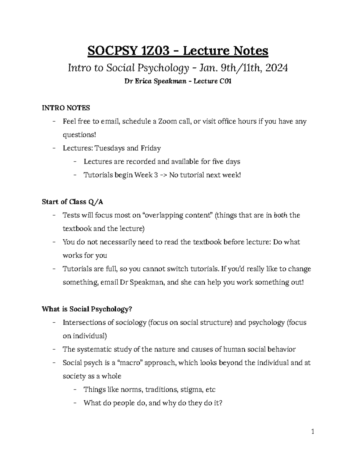 SOCPSY 1Z03 Lecture Notes - Intro to Social Psychology Jan 2024 - Studocu
