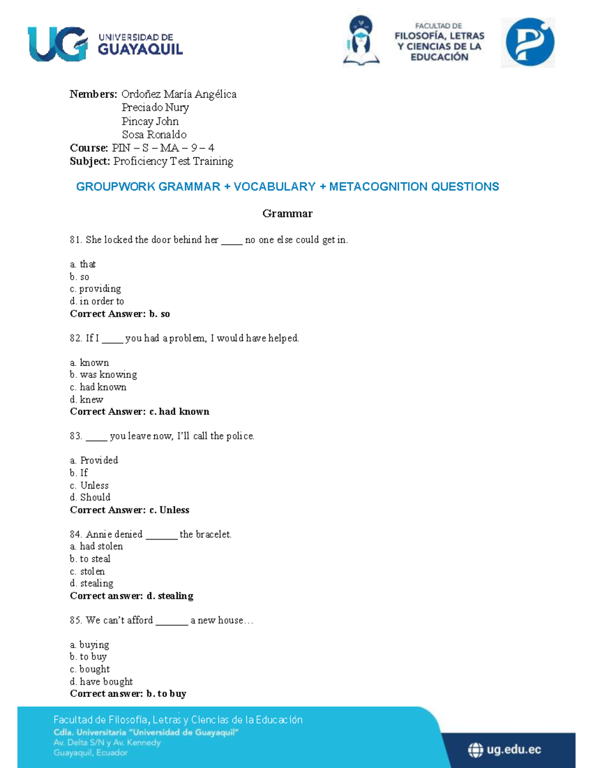 Proficiency Test Training: Groupwork Grammar & Vocabulary PIN S MA 9 4 ...