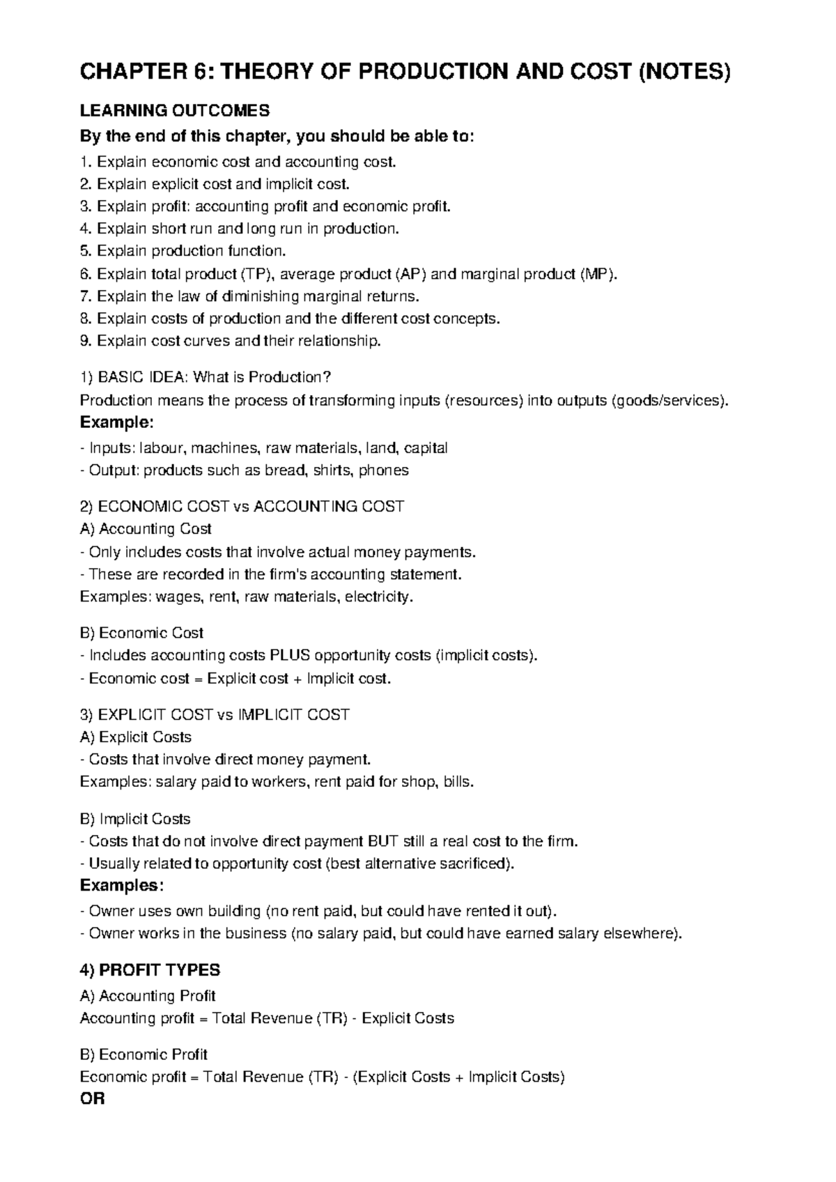 ECO162 Chapter 6: Theory of Production & Cost Notes - Studocu