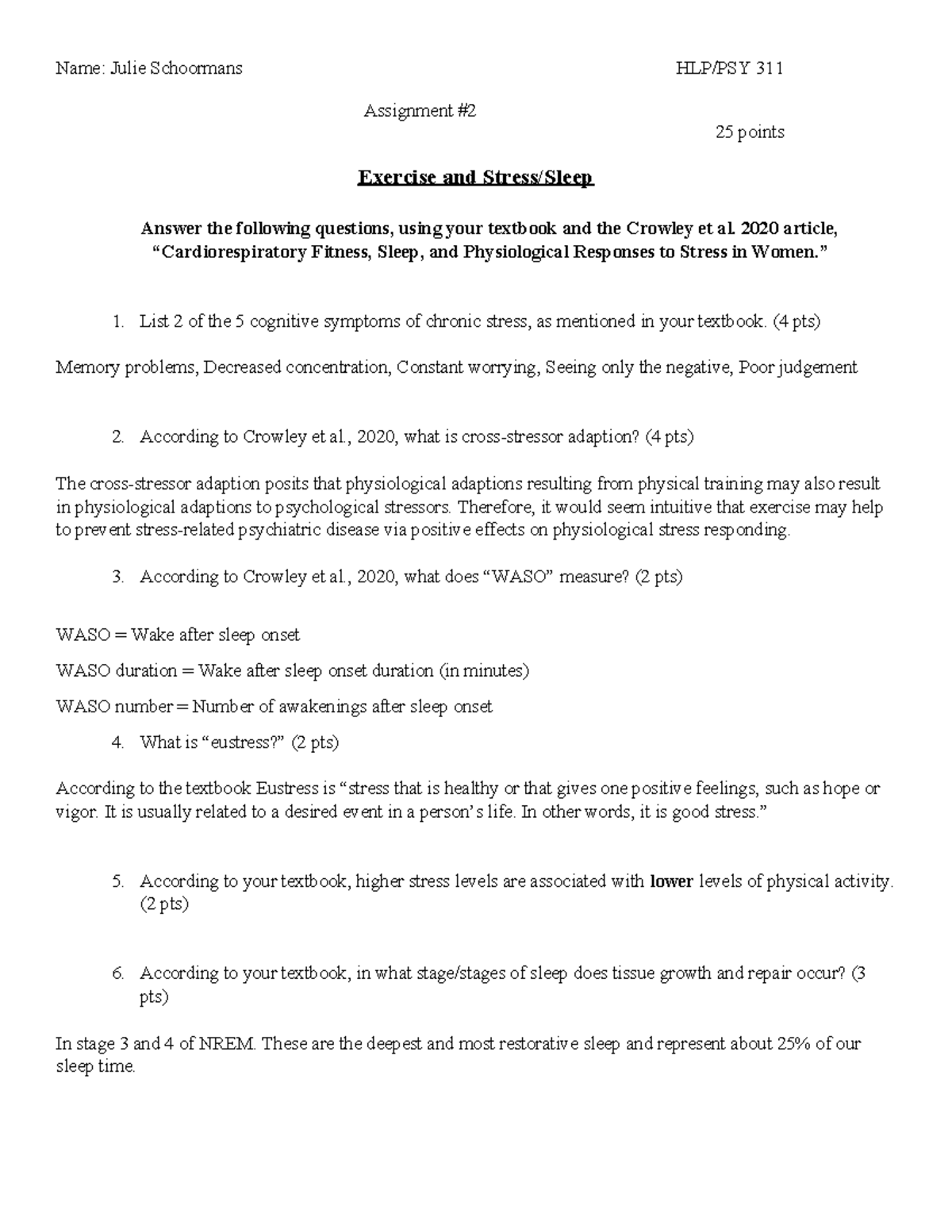 311 Assignment: Exercise, Stress, and Sleep Insights - Studocu