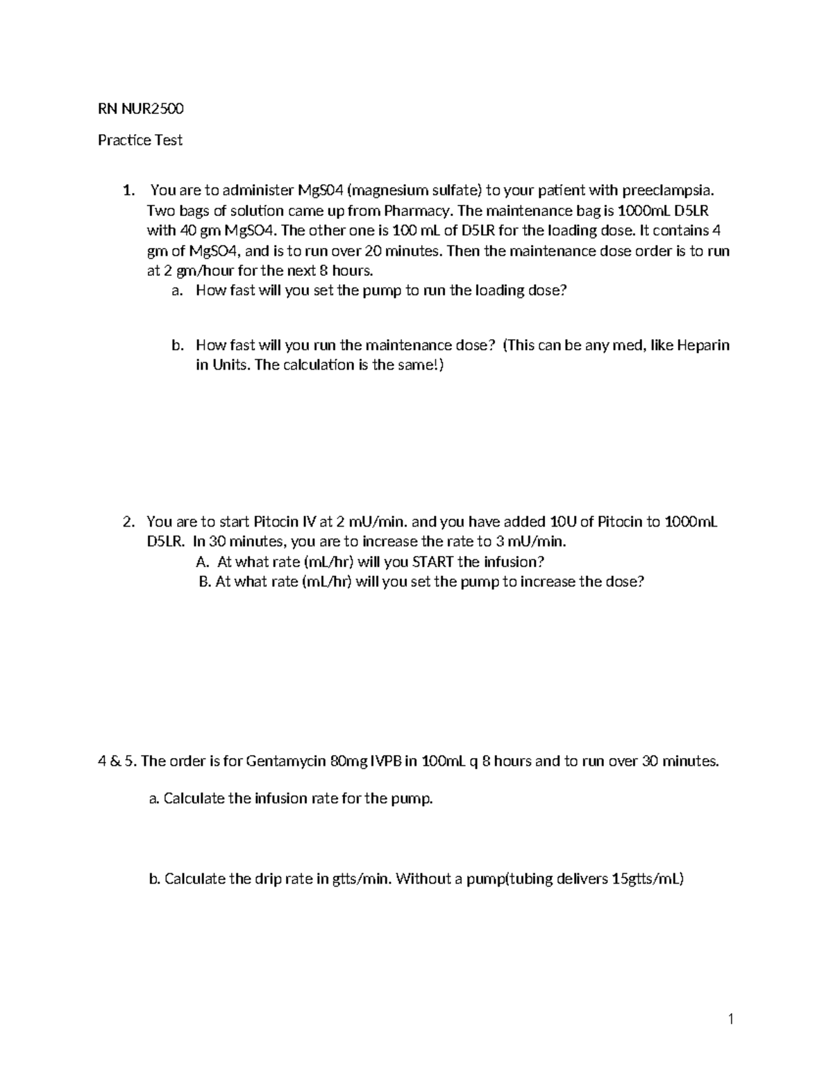 Updated OB Math Practice Test 2: RN NUR2500 Practice Test on IV Meds ...