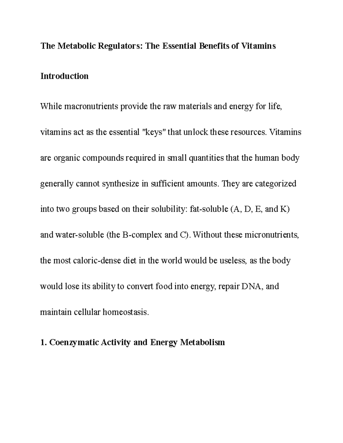 Essay 9 - The Essential Role of Vitamins in Metabolism and Health - Studocu