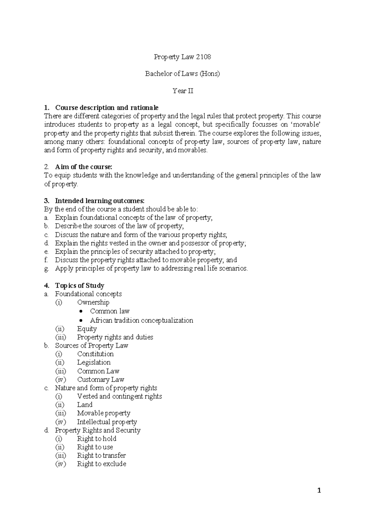 Property Law I (2108) Course Structure and Learning Outcomes - Studocu