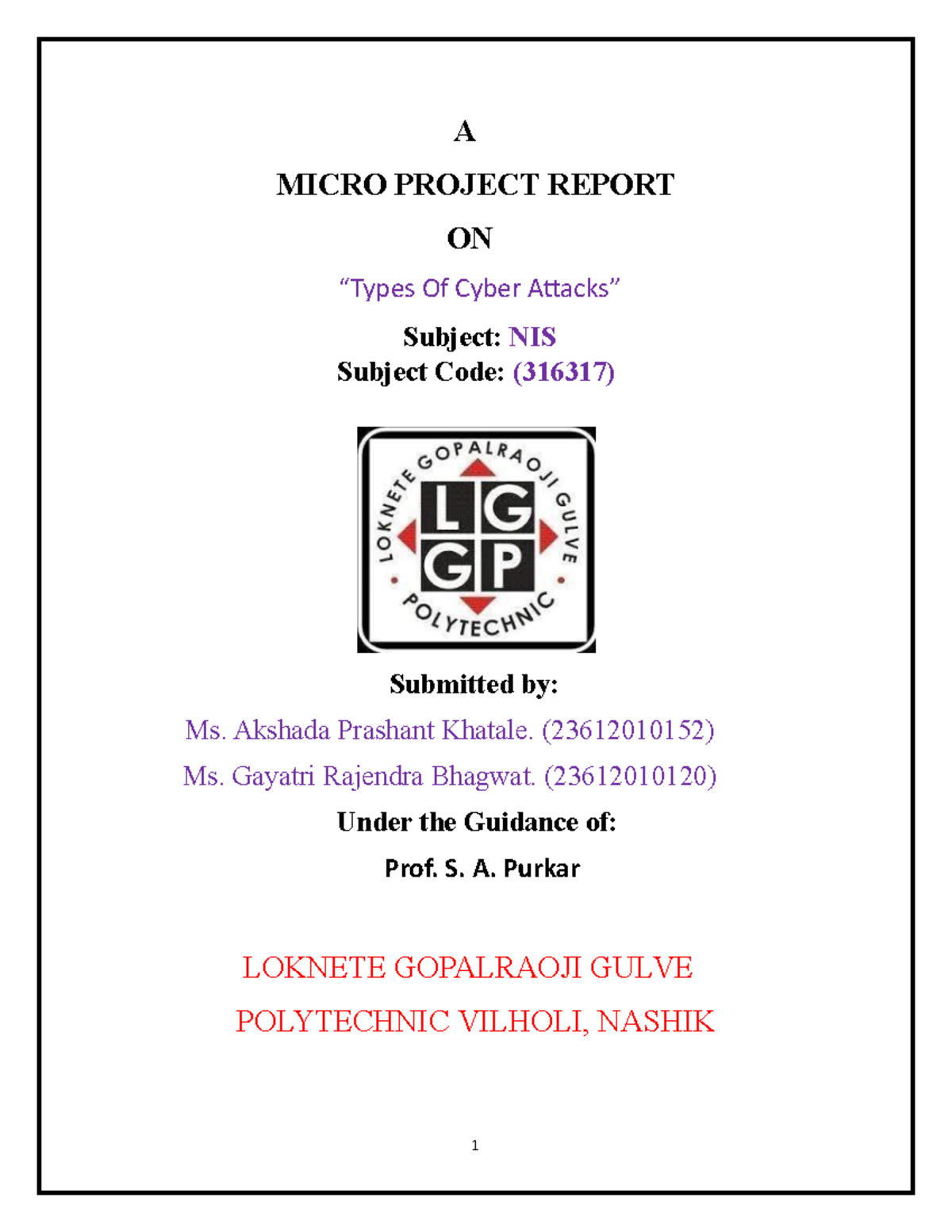 Micro Project Report on Cyber Attacks: NIS (316317) - Studocu