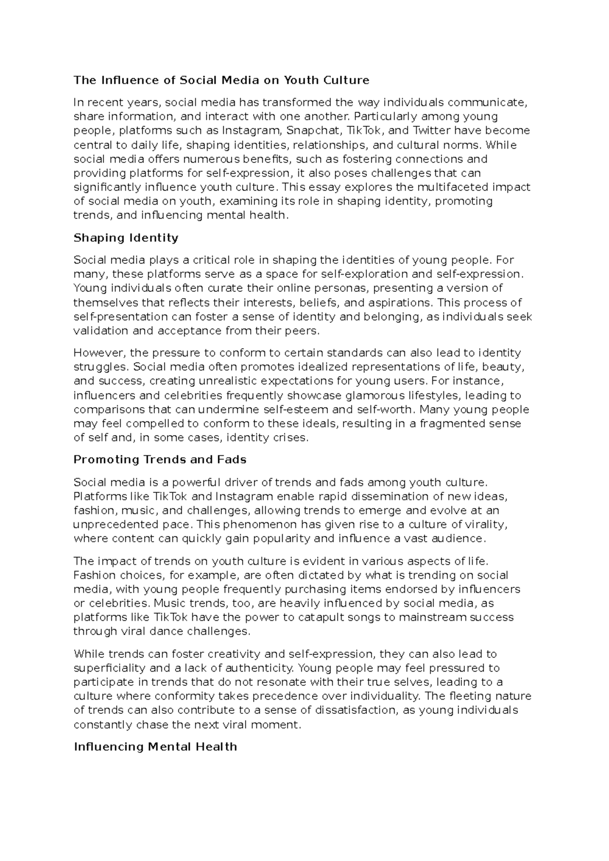 SOC-101: The Impact of Social Media on Youth Culture Essay - Studocu