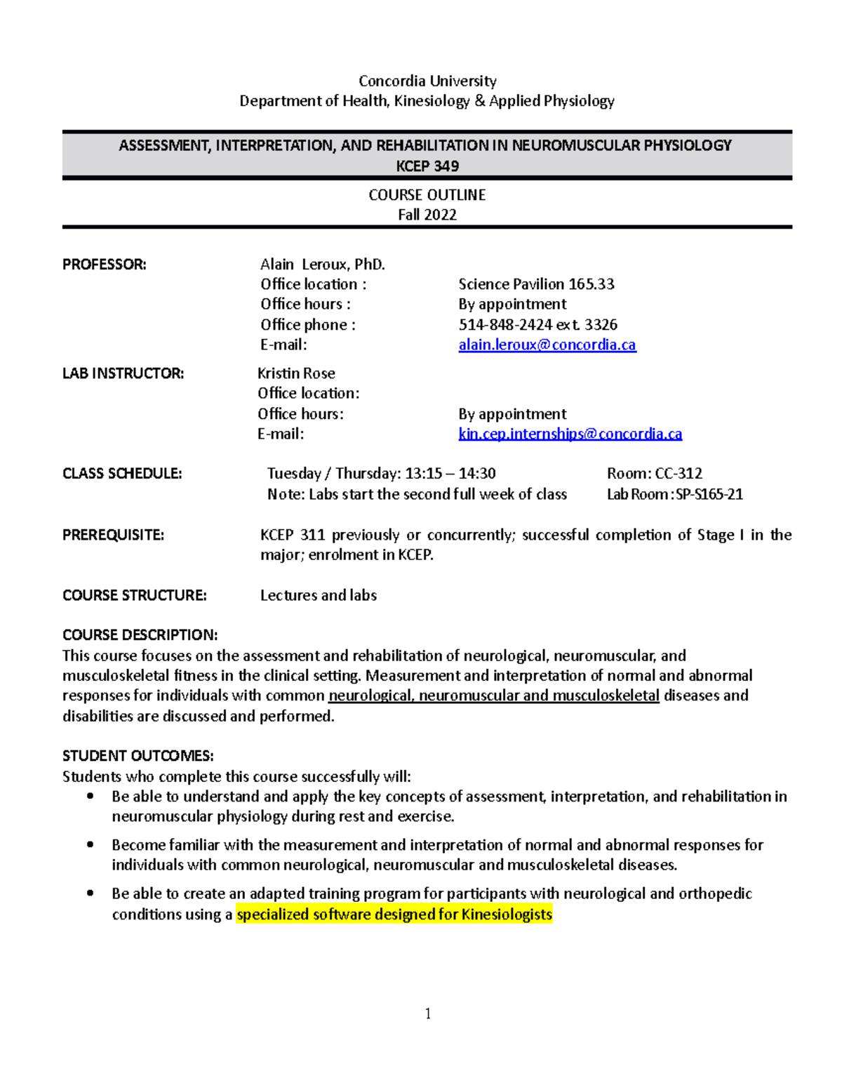 KCEP 349 Course Outline: Assessment in Neuromuscular Physiology Fall ...