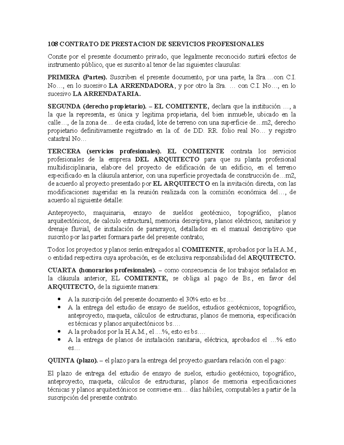 108 Contrato de Prestación de Servicios Profesionales - Studocu