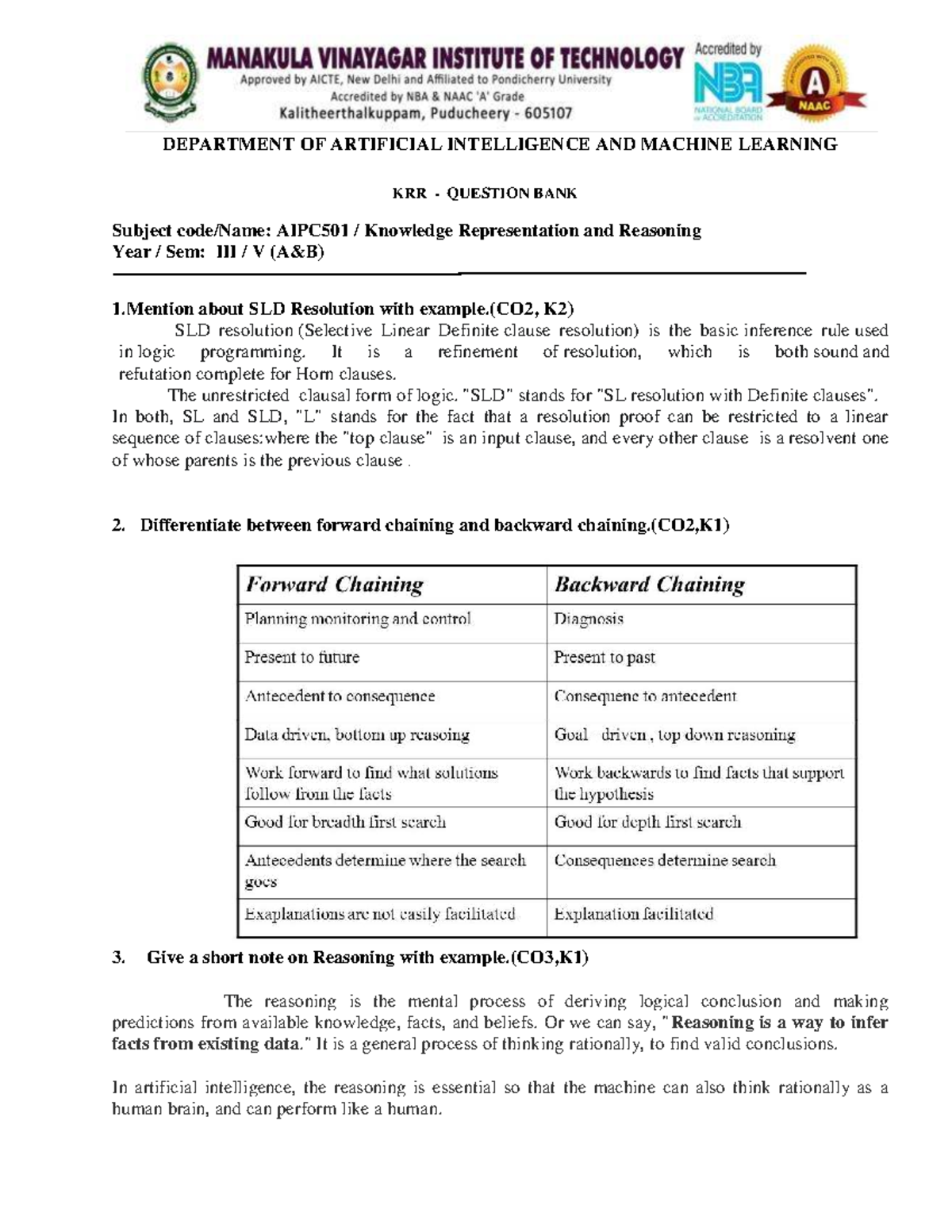 KRR Question Bank AIPC501 - Knowledge Representation & Reasoning - Studocu