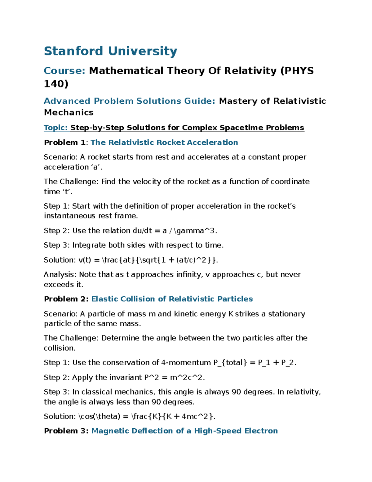 PHYS 140 Stanford Advanced Relativity Problem Solutions Guide - Studocu