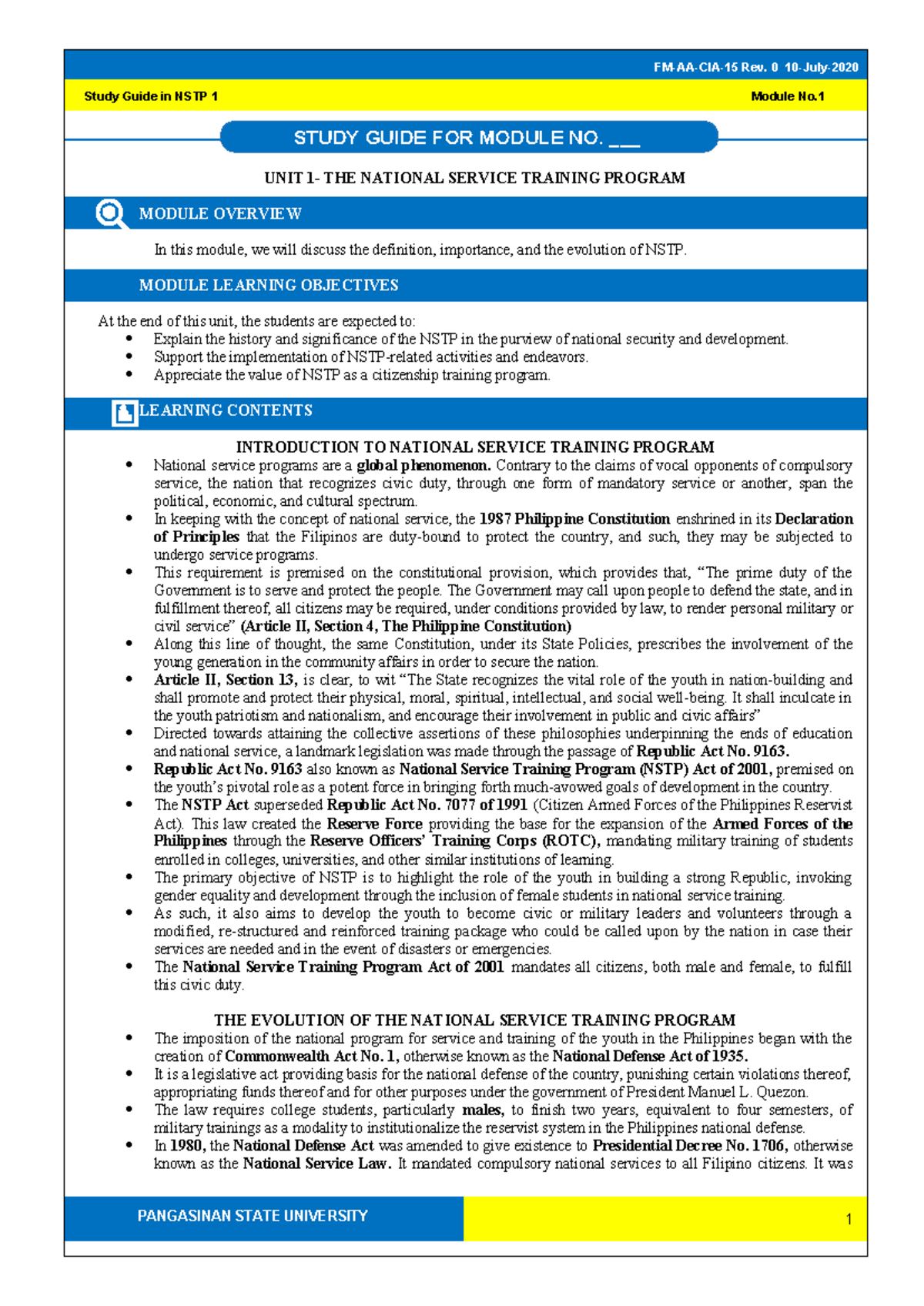 NSTP 1 Module 1 Study Guide: Evolution of the National Service Training ...