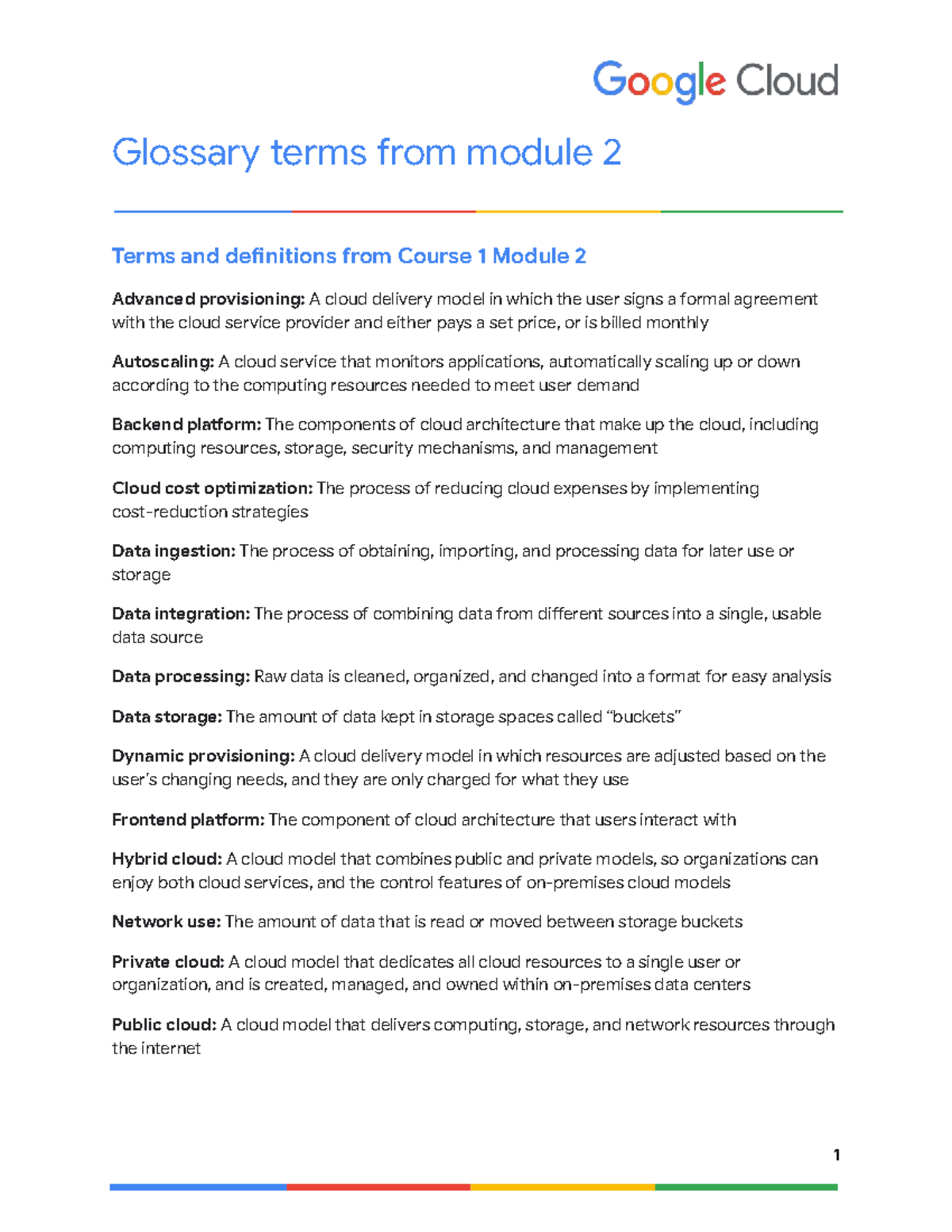 CDA C1 Module 2 Glossary: Cloud Terms & Definitions - Studocu