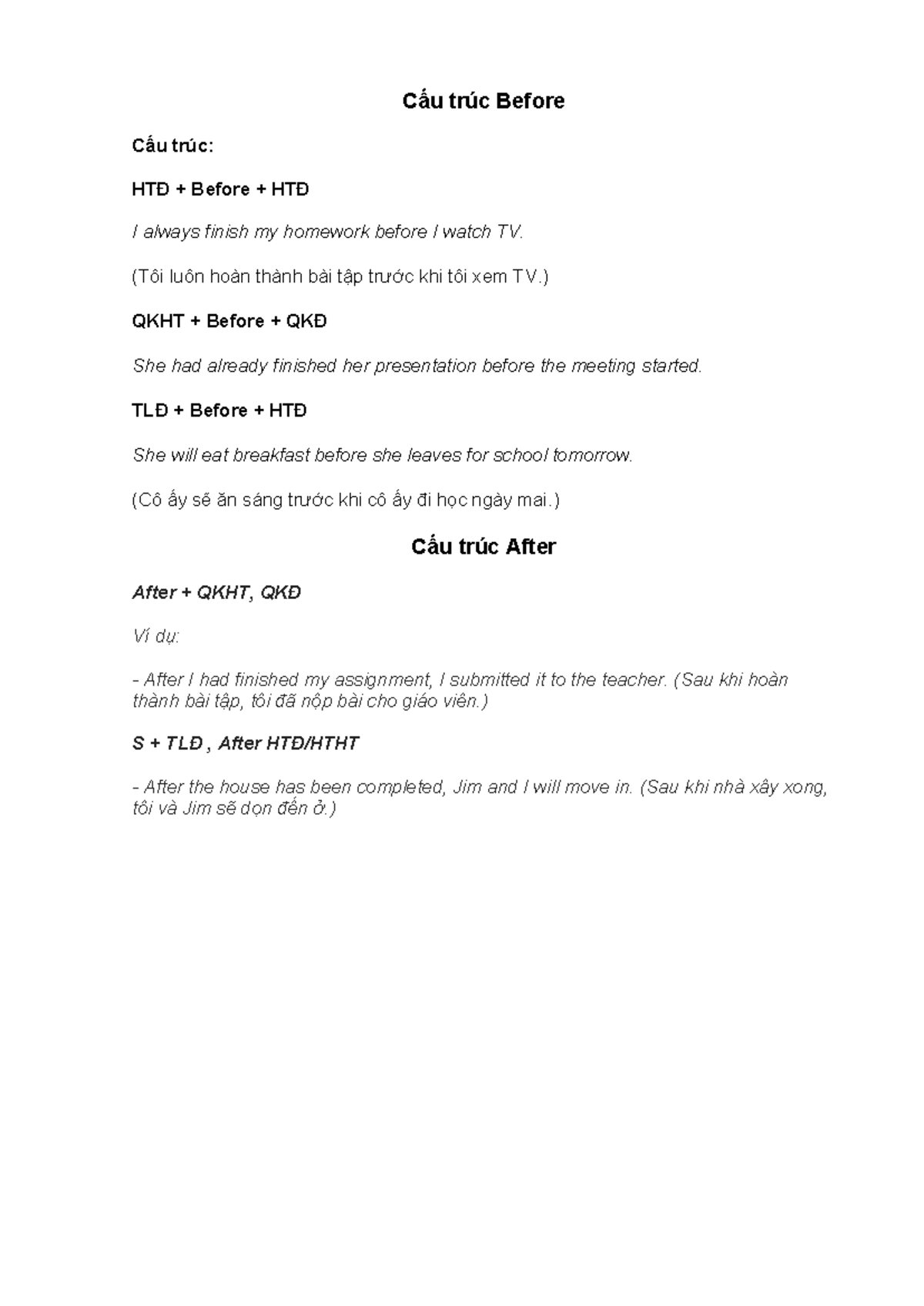 Cấu trúc Before, After - English Grammar Notes - Studocu