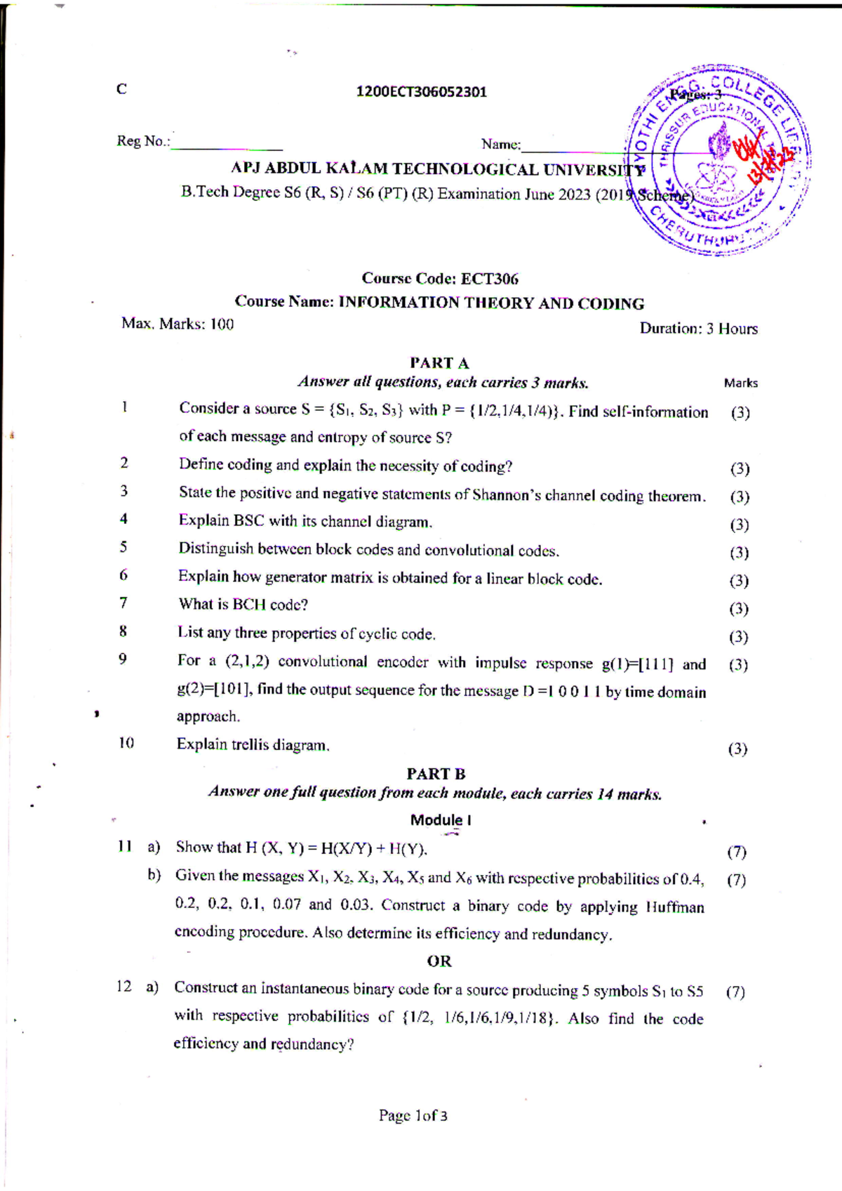 ECT306 Final Exam: Information Theory and Coding - June 2023 - Studocu