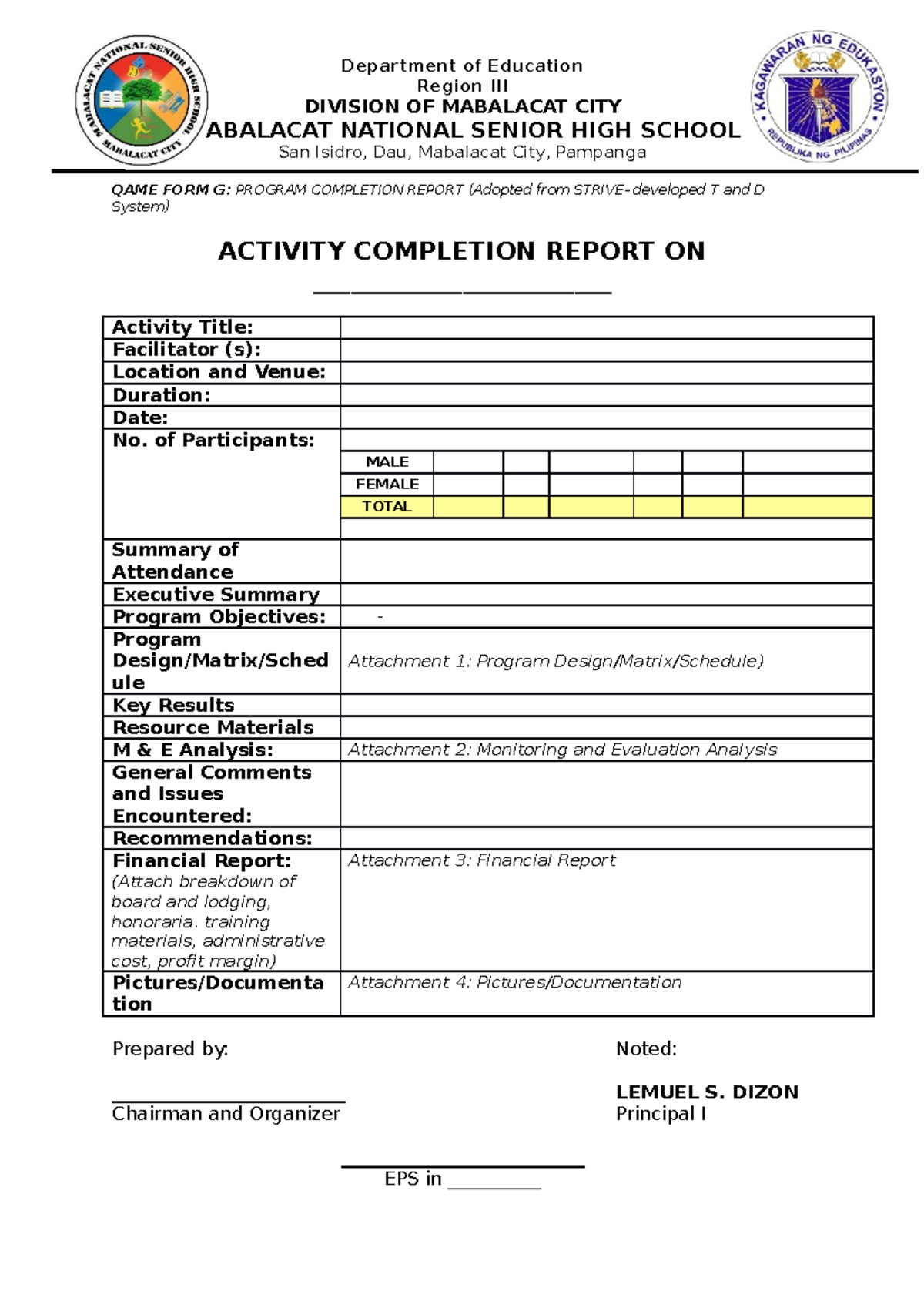 activity completion report saple in schools - Department of Education ...