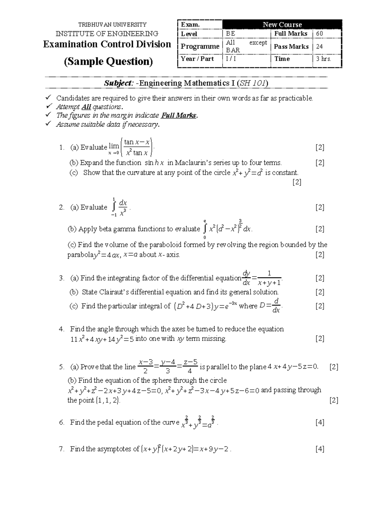 Engineering Mathematics I (SH 101) Sample Exam Questions - Studocu