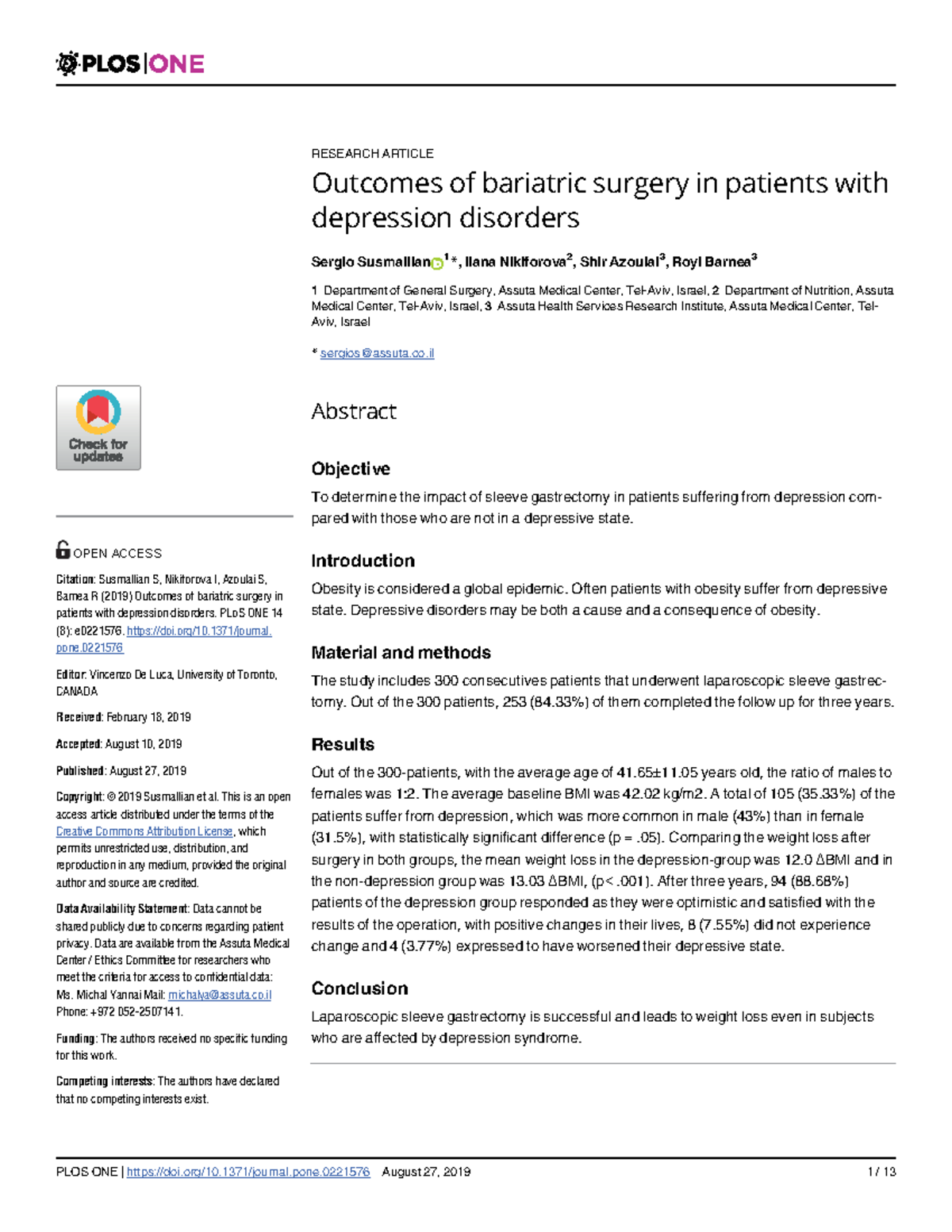 Outcomes of Bariatric Surgery in Patients with Depression Disorders ...