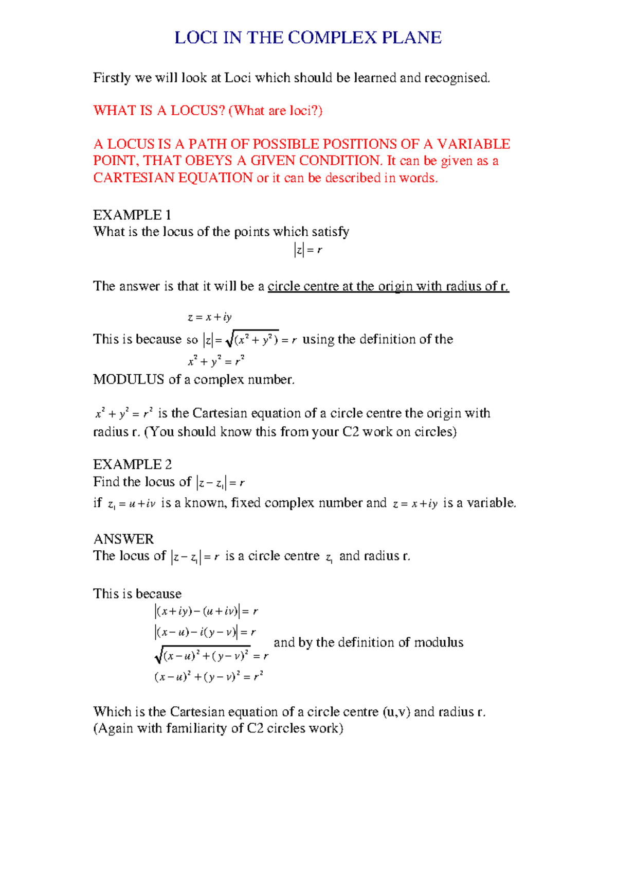 LOCI+IN+THE+ Complex+ Plane - LOCI IN THE COMPLEX PLANE Firstly we will ...