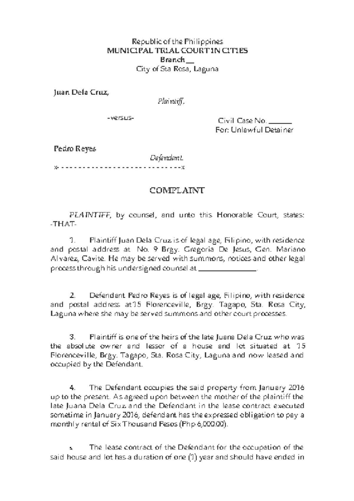 Civil Case Complaint for Unlawful Detainer: Juan Dela Cruz vs. Pedro ...