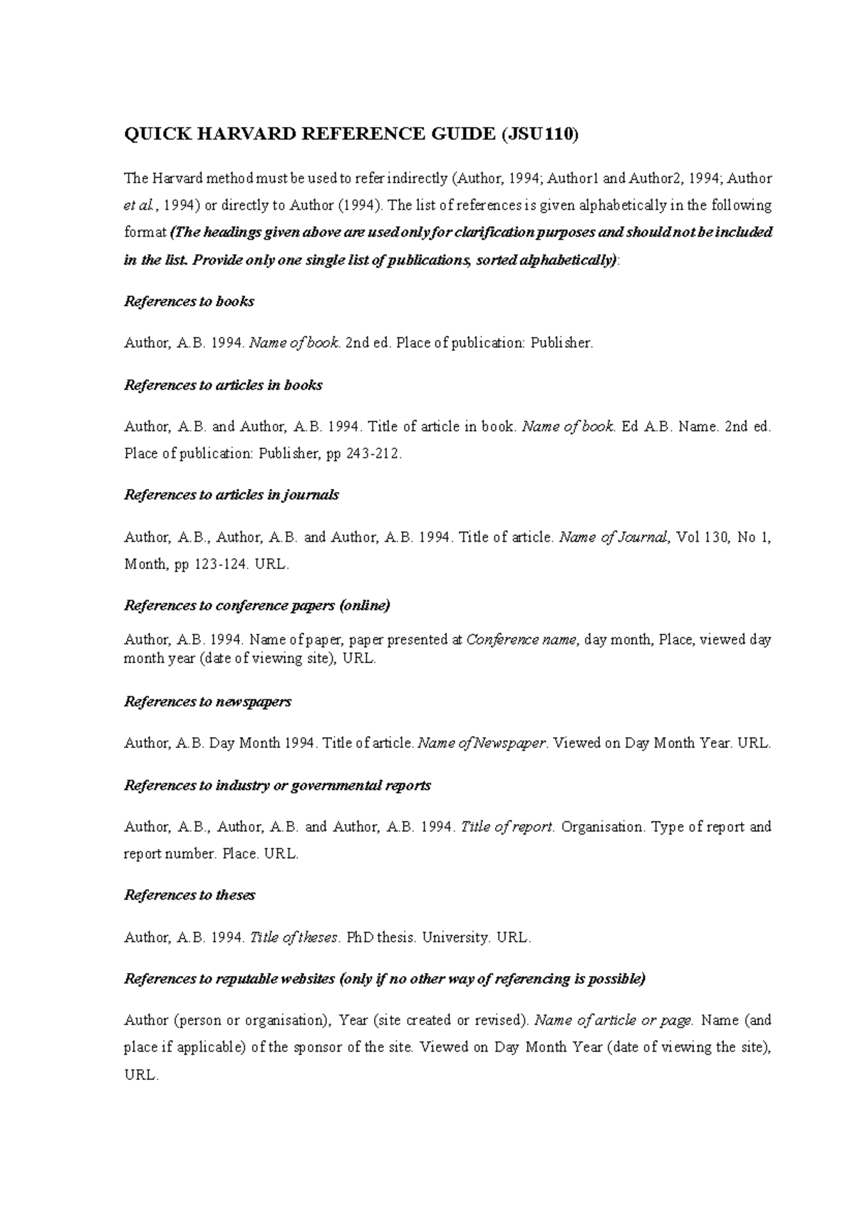 Harvard Referencing Style Guide (JSU110) - Studocu