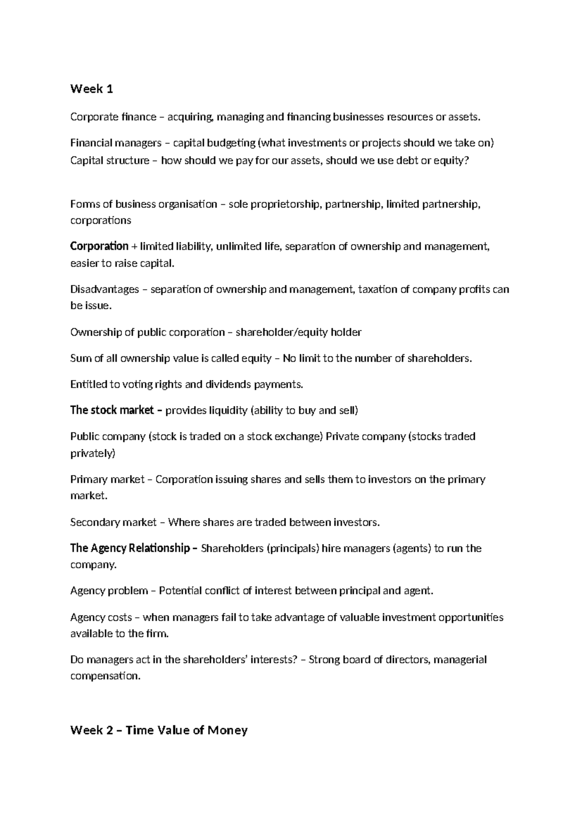 Lecture Notes: Corporate Finance (FIN 101) – Key Concepts and ...