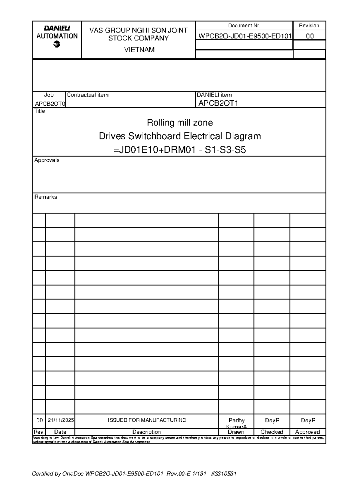 WPCB2O JD01 E9500 ED101 00: Main Drive Switchboard Electrical Diagram ...