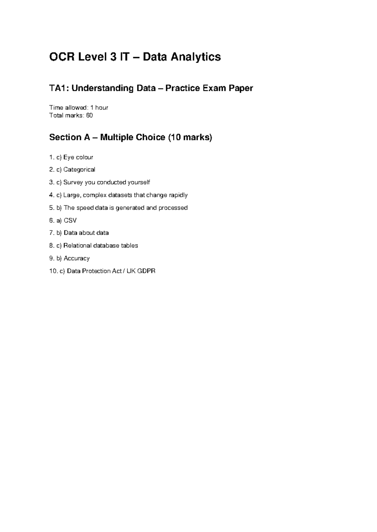 OCR Level 3 IT Data Analytics TA1 Practice Exam & Mark Scheme - Studocu