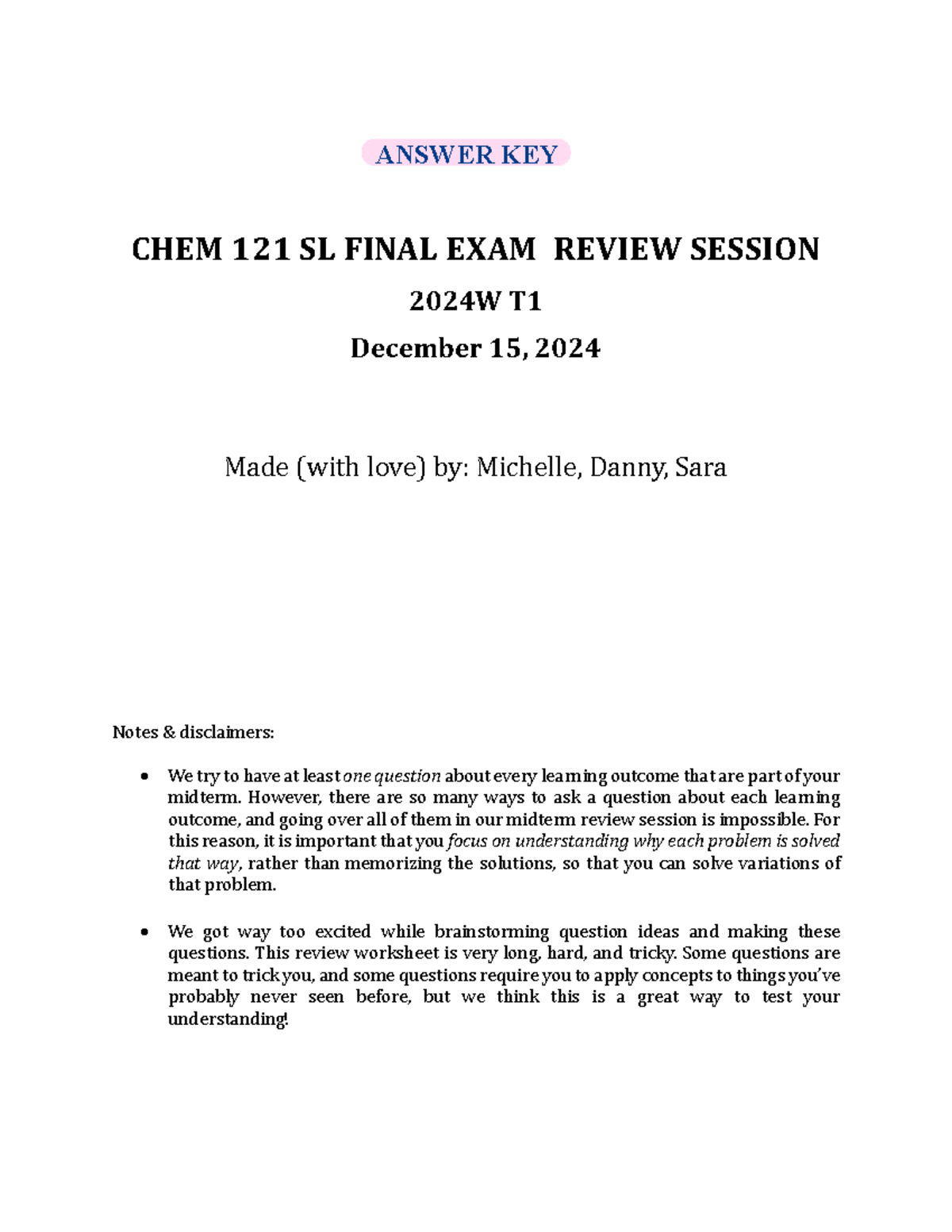 CHEM 121 SL Final Exam Review Notes & Key for 2024 Session - Studocu