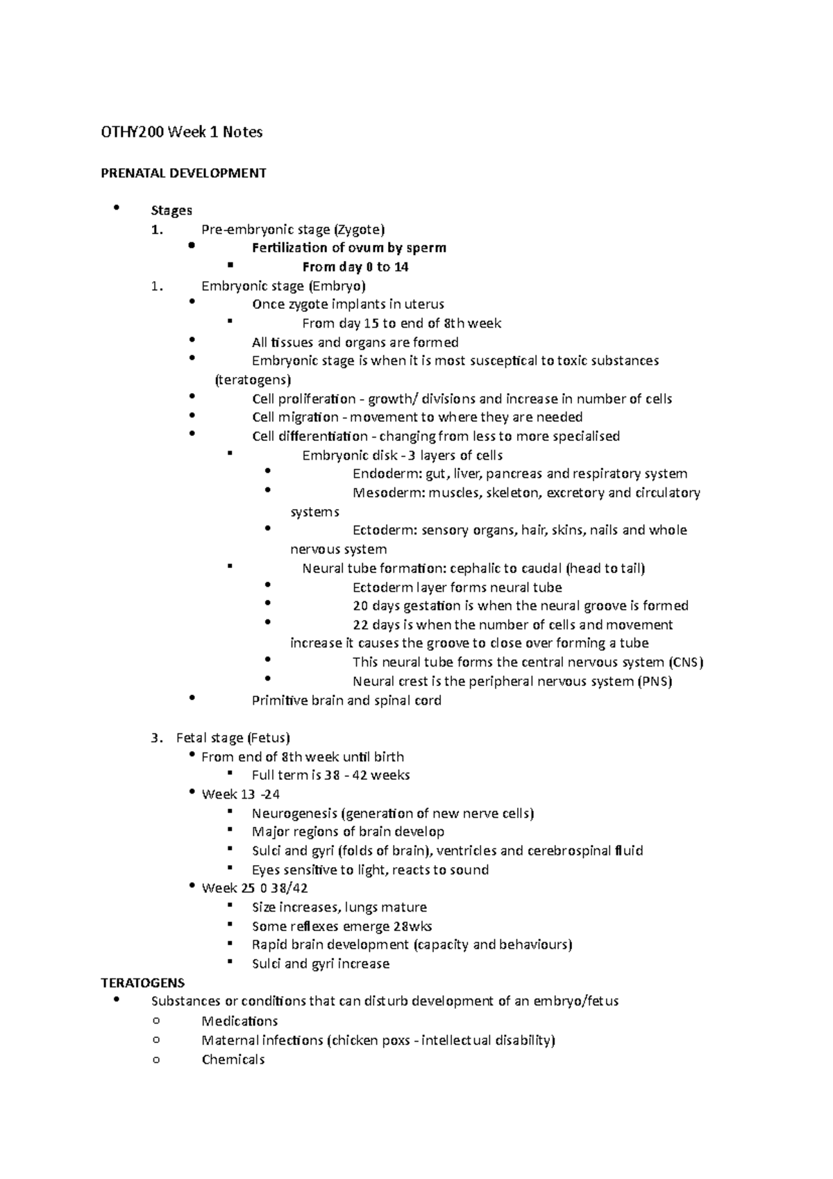 OTHY200 Week 1 Notes - OTHY200 Week 1 Notes PRENATAL DEVELOPMENT Stages ...