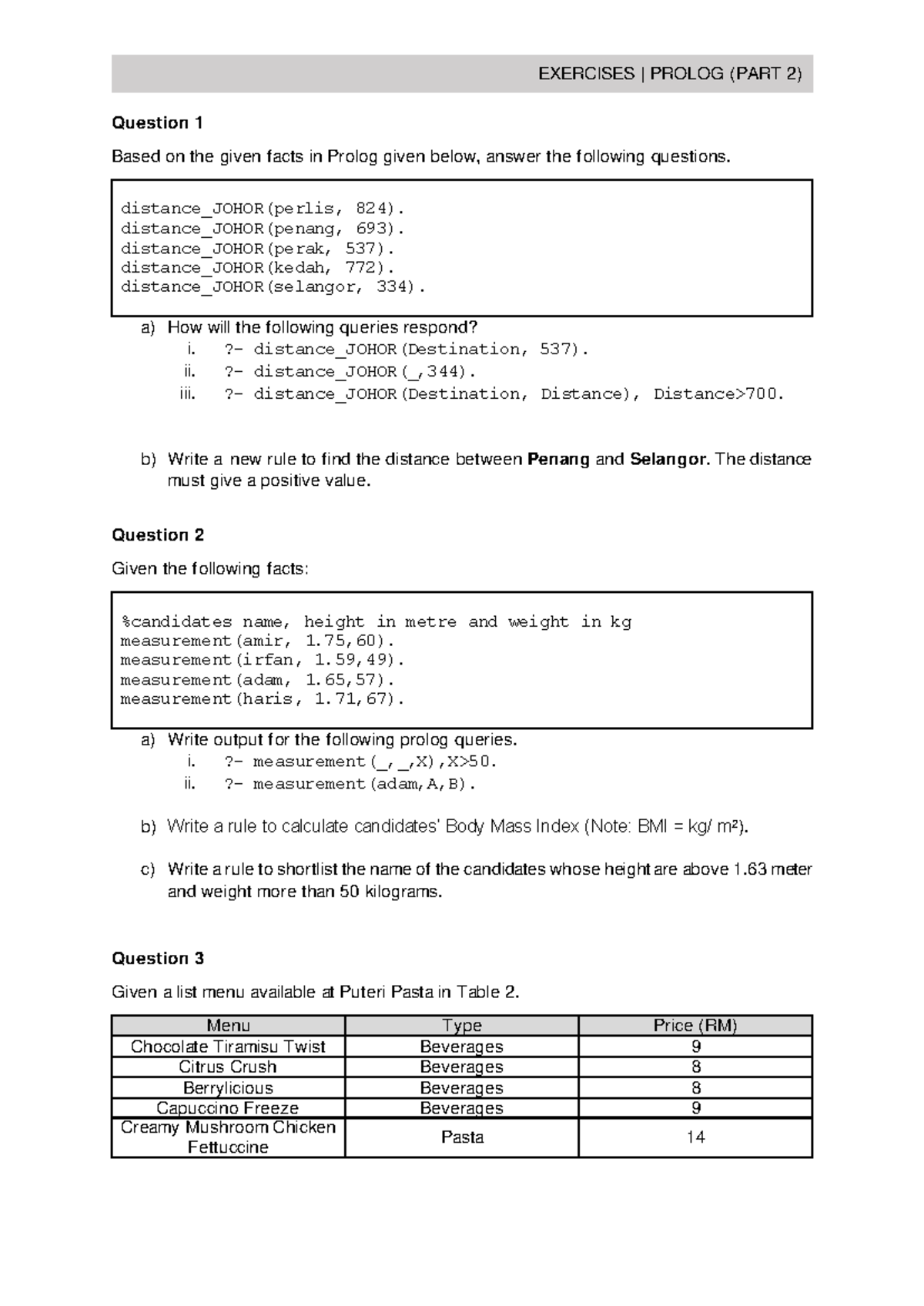 Lab Part 3 Prolog - EXERCISES | PROLOG (PART 2 ) Question 1 Based on ...