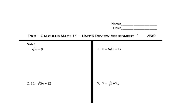 Pre Calculus Math 11 Unit 5 Review Assignment - Studocu