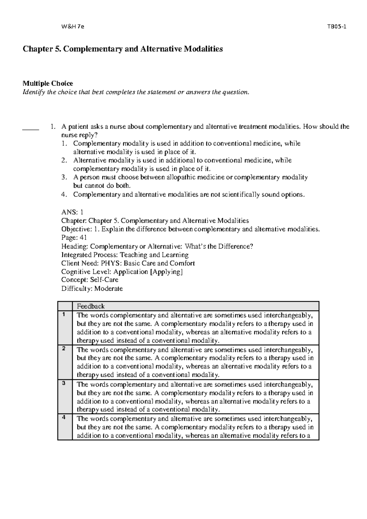 7e Chapter 5: Complementary vs. Alternative Modalities MCQs - Studocu