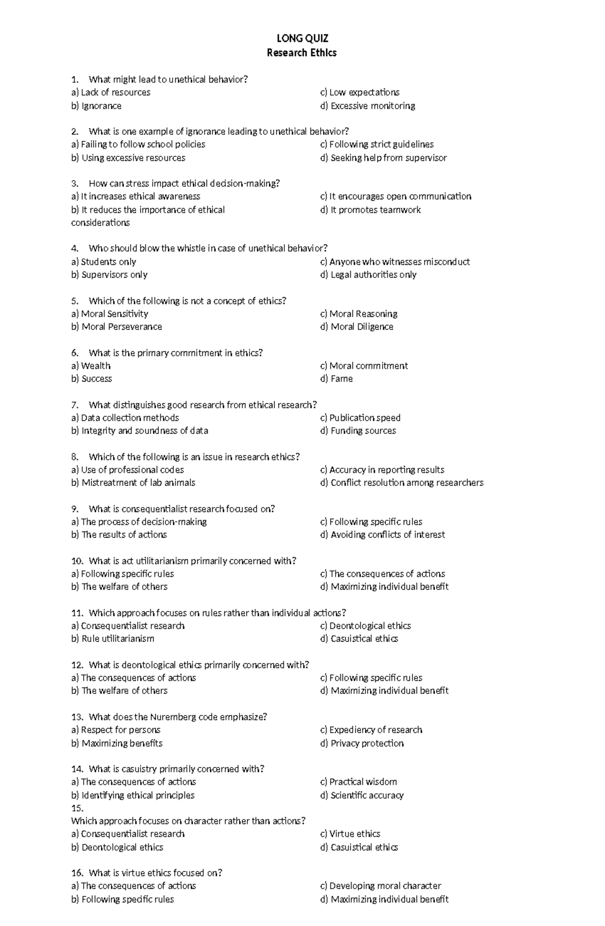 LONG QUIZ Research Ethics - Key Questions and Concepts - Studocu